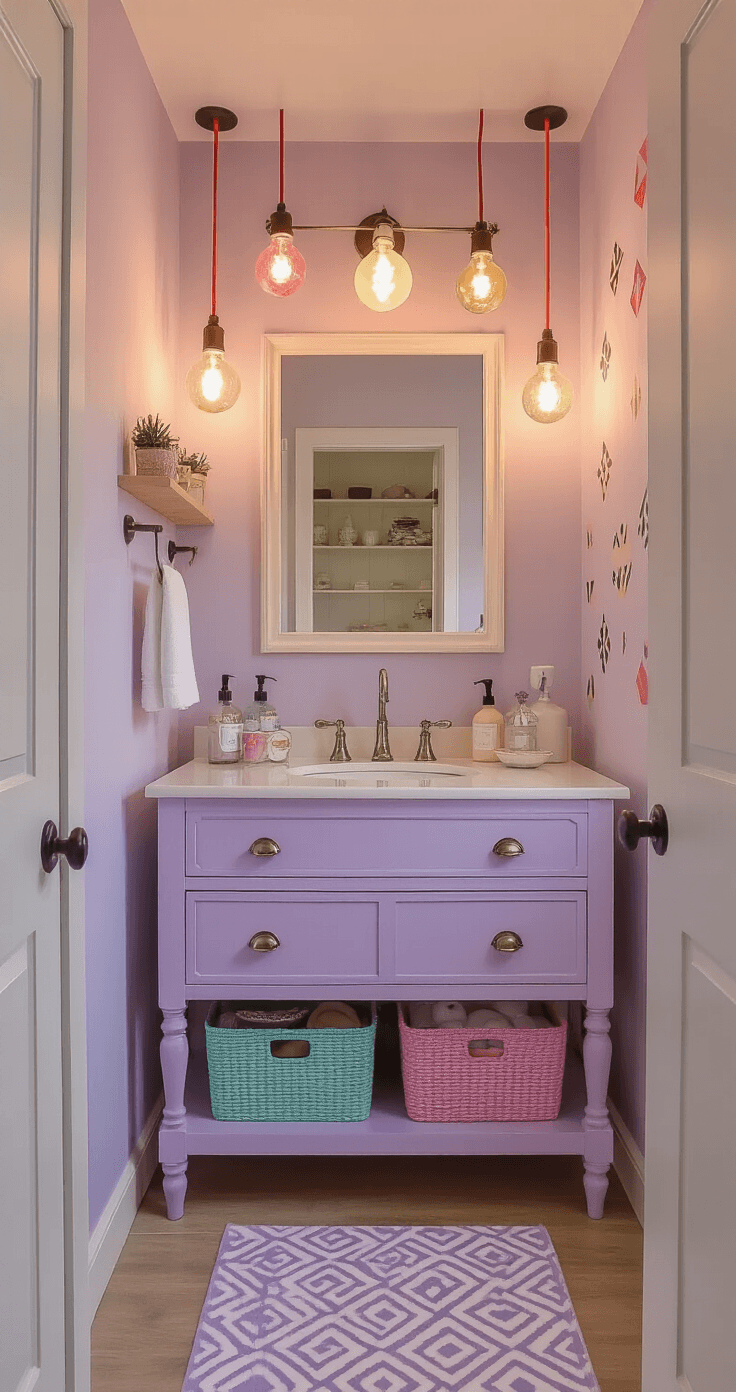 Wide shot of a lavender and pink themed bathroom showcasing vintage-style lighting, a painted lavender vanity, colorful storage baskets, and geometric decorative elements, creating a dreamy and calming atmosphere.