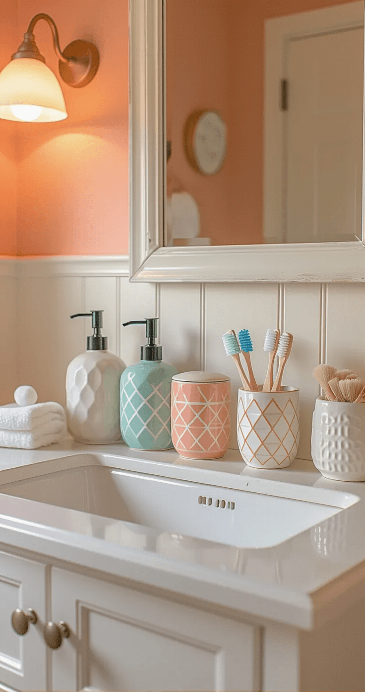 Close-up shot of a bathroom vanity featuring colorful soap dispensers, toothbrush holders, and geometric storage containers against pale coral walls, emphasizing texture contrasts and functional design.