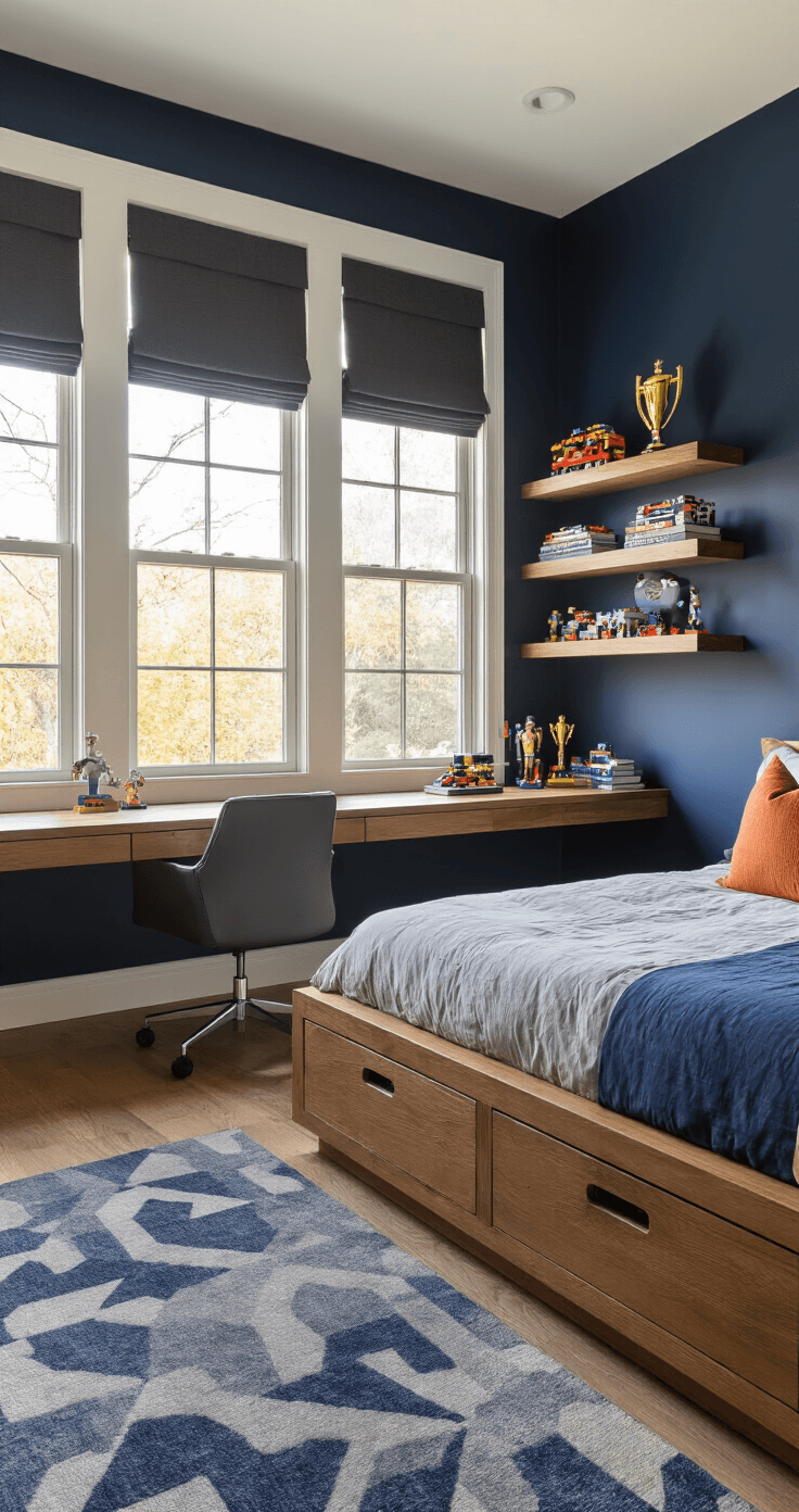 Sophisticated boy's bedroom with deep navy accent wall, solid wood platform bed with built-in storage, floating desk, ergonomic chair, warm wood shelves showcasing trophies and LEGO builds, geometric area rug, and cozy lighting.
