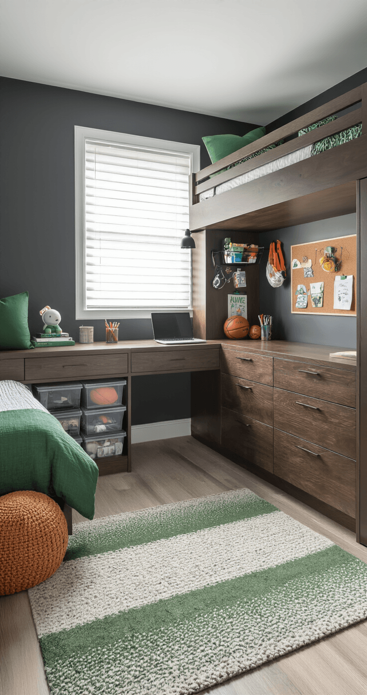 Compact boy's bedroom featuring floor-to-ceiling built-in storage, a loft bed with integrated desk in dark walnut, charcoal gray walls, organized study zone with clear containers, cork board, forest green accents, pegboard system for gear, and ambient lighting.