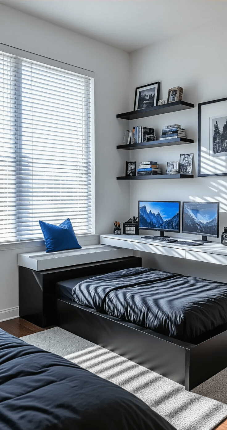 Detailed interior photograph of a teenage boy's bedroom with a black and white color scheme and electric blue accents, showcasing a low-profile black platform bed, a sleek white desk with dual monitors, and framed artwork on the walls, illuminated by late afternoon light casting dramatic shadows.
