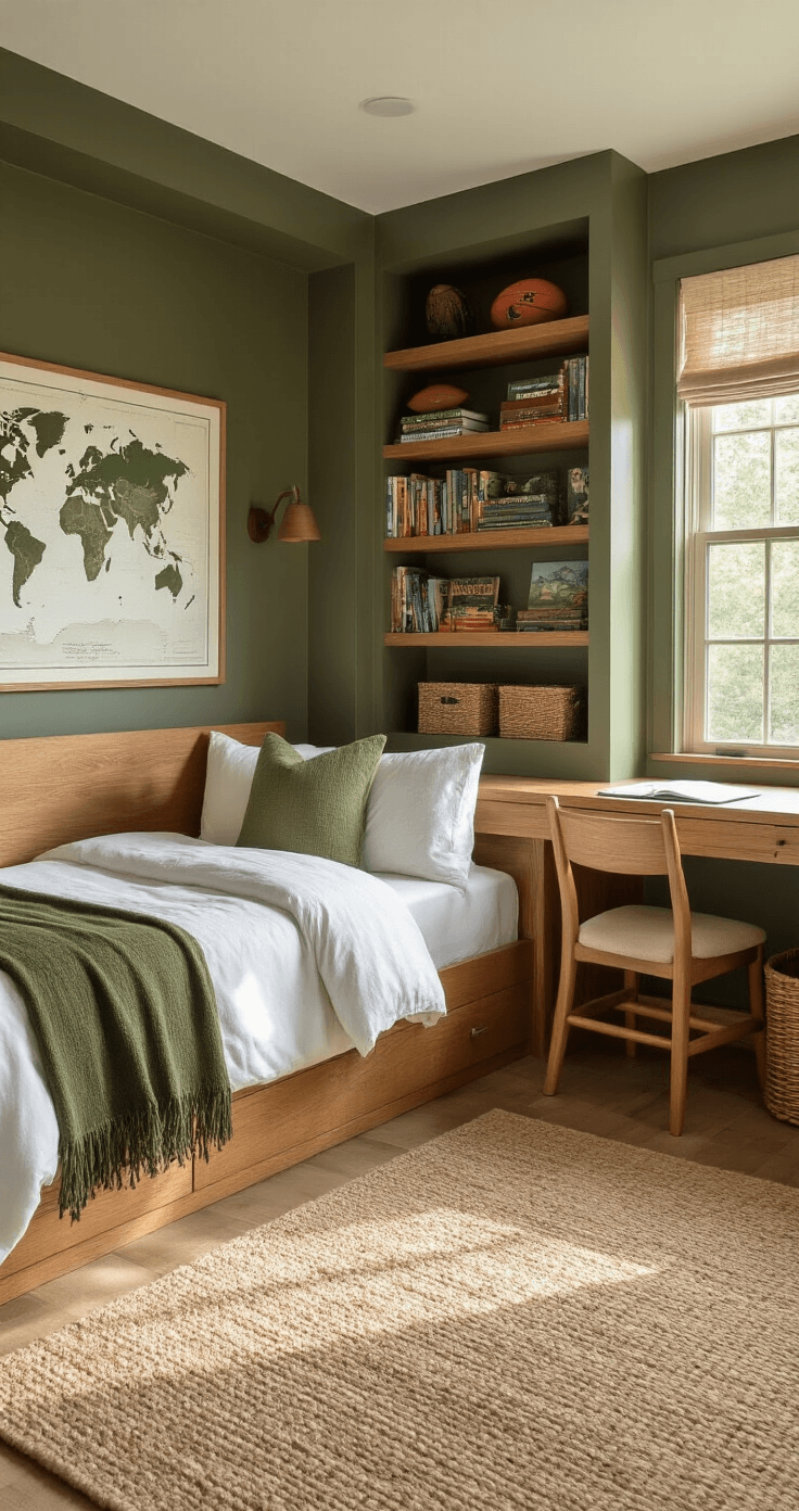 Interior of a boy's bedroom featuring warm wood tones and forest green accents, with sunlight illuminating an oak bed, reading nook, wood desk, and a large world map, all creating a cozy, nature-inspired atmosphere.