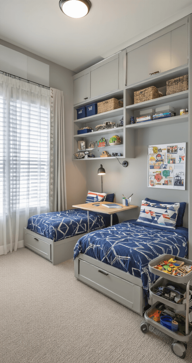 Professional interior photograph of a boy's bedroom featuring flexible zone design with a murphy-style desk, twin bed with navy geometric bedding, and open shelving, all illuminated by afternoon light through sheer curtains.