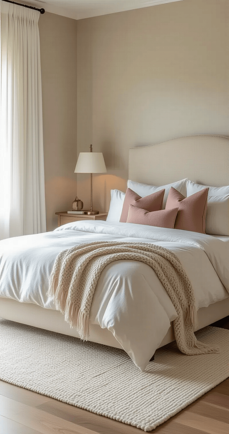 Photorealistic bedroom interior with a queen-sized bed featuring white linen sheets, gray duvet, and dusty rose throw pillows against a cream upholstered headboard, surrounded by a wool area rug, warm bedside lamps, and morning light filtering through sheer curtains.