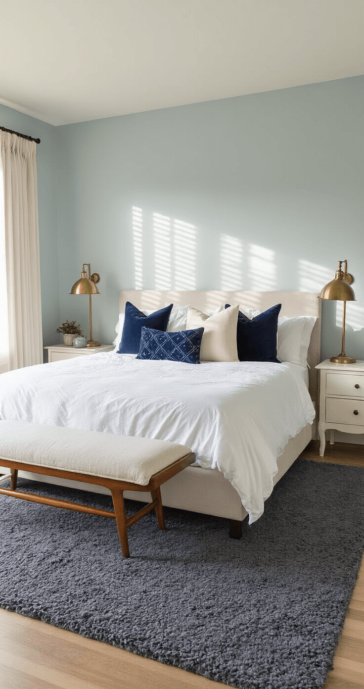 Wide-angle view of a cozy bedroom featuring a king bed with layered navy and white bedding on a plush charcoal rug, vintage brass lamps on mismatched nightstands, string lights along the headboard wall, and soft afternoon sunlight illuminating the pale blue walls through gauze curtains.