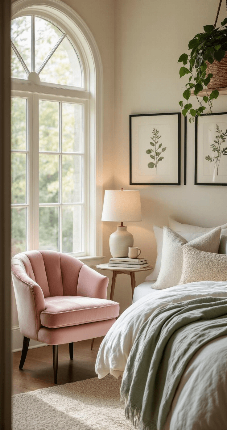 Cozy bedroom corner with a blush pink velvet accent chair, tall arched window, small round side table with a ceramic lamp and books, layered bedding, gallery wall of botanical prints, and a trailing pothos plant, all bathed in soft morning light.
