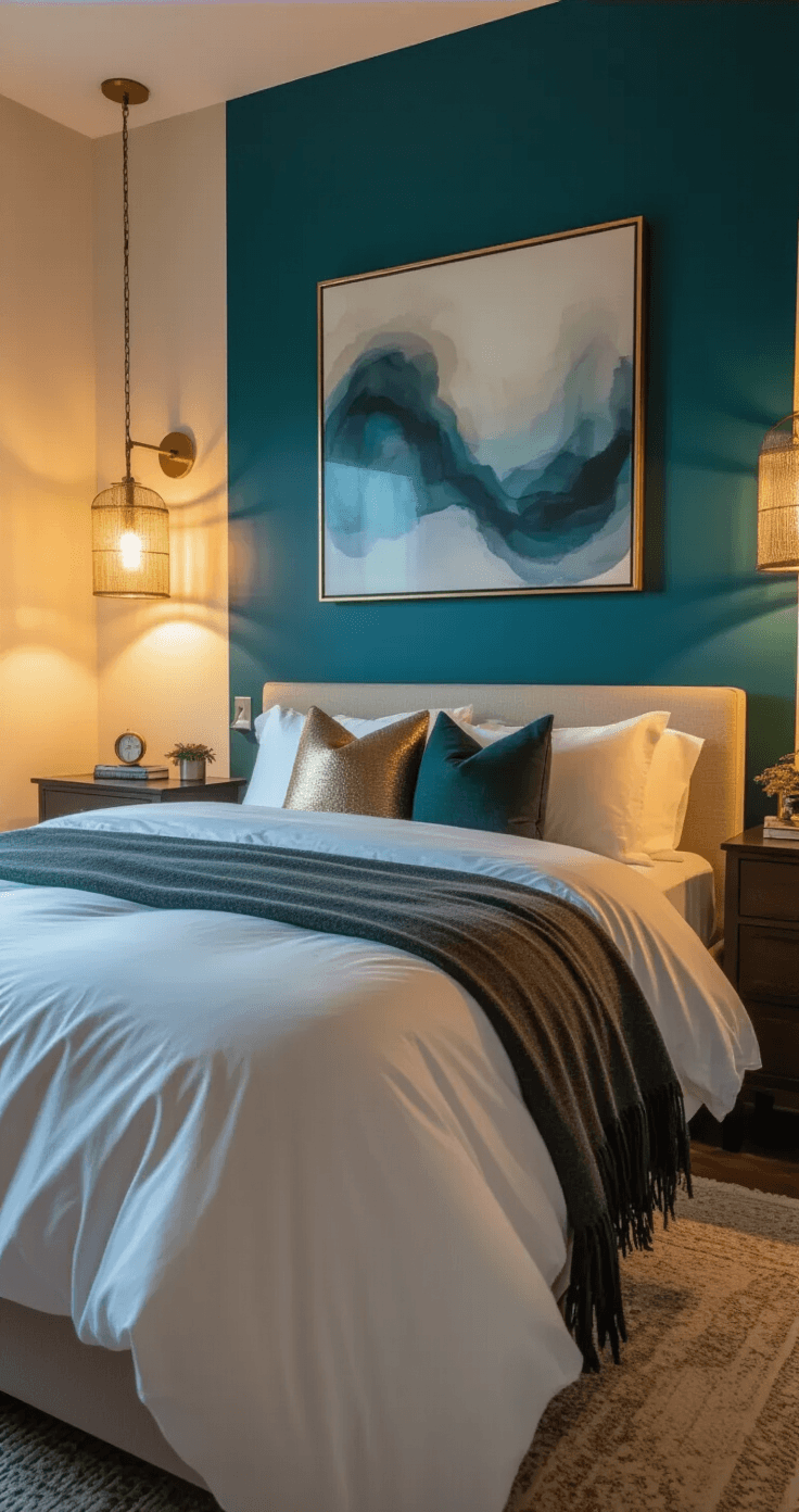 Dramatic blue hour bedroom scene with layered warm lighting, featuring a luxurious bed with white cotton bedding, charcoal throw, and metallic accent pillows, highlighted by brass sconces and ambient string lights, against a deep teal accent wall and cream side walls, creating a cozy atmosphere reflected in a large mirror.