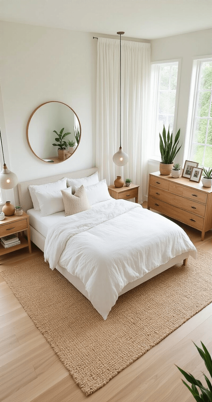 Bright, airy bedroom from above featuring a platform bed with white and natural linen bedding on an oversized jute rug, matching nightstands with ceramic lamps, a vintage wooden dresser with framed photos and a round mirror, potted plants, and large windows with floor-to-ceiling white curtains, all set on white oak hardwood floors.