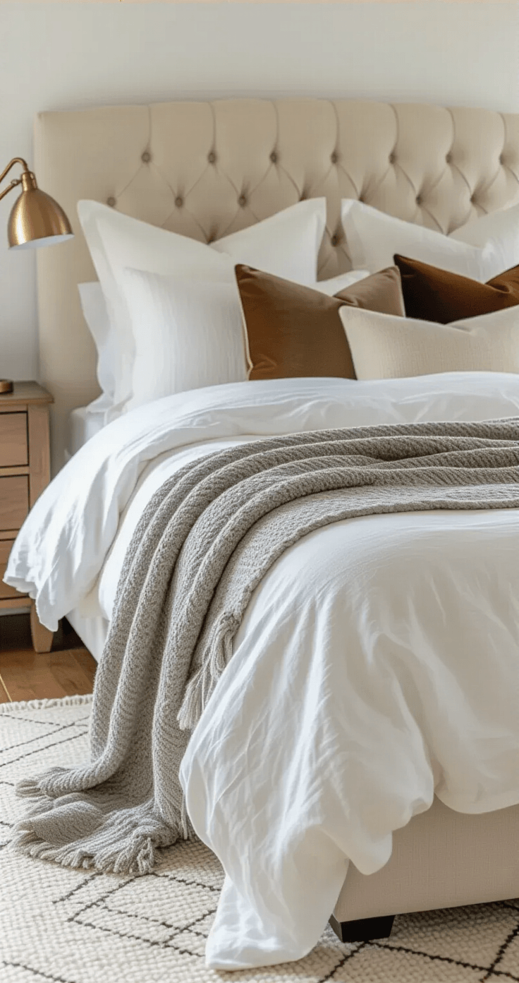 Close-up of a layered bedding arrangement featuring rumpled white linen sheets, a gray cashmere throw, and various textured throw pillows, highlighting the interplay of fabrics against a cream upholstered headboard, with warm light from a brass lamp illuminating the scene on hardwood floors partially covered by a cream wool area rug.