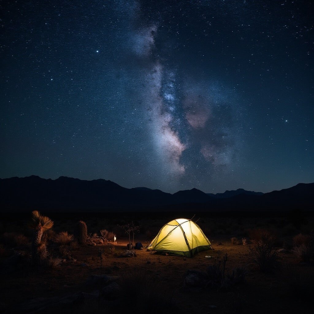 Luminescent tent under a star-filled sky with the Milky Way, surrounded by the Chihuahuan Desert and primitive camping gear in an International Dark Sky Park, Big Bend.