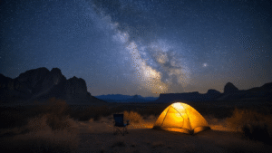 "Lone tent glowing beneath star-filled sky with Milky Way visible in Chisos Mountains, Big Bend National Park, Texas, with silhouette of desert peaks and camping chair facing the celestial view"