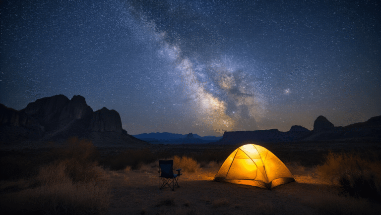 "Lone tent glowing beneath star-filled sky with Milky Way visible in Chisos Mountains, Big Bend National Park, Texas, with silhouette of desert peaks and camping chair facing the celestial view"