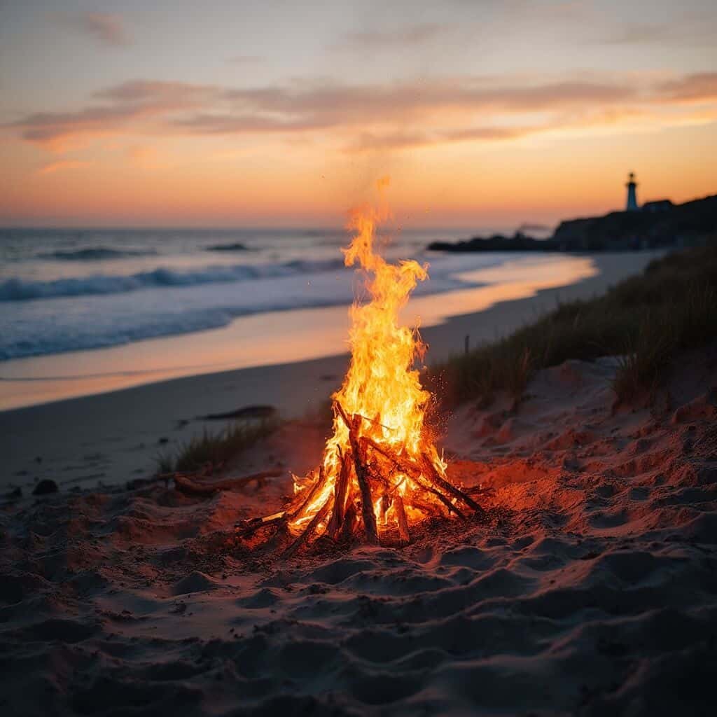 Cape Cod beach bonfire at sunset with people roasting marshmallows, Atlantic Ocean backdrop, Nauset Light lighthouse silhouette, and warm sunset reflections on the wet sand