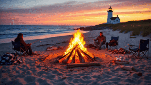 "People roasting marshmallows on a bonfire at a Cape Cod beach during golden hour, with Nauset Light lighthouse, Atlantic Ocean waves, and an orange-pink sunset in the background, surrounded by driftwood, cozy blankets, camping chairs, and s'mores supplies"