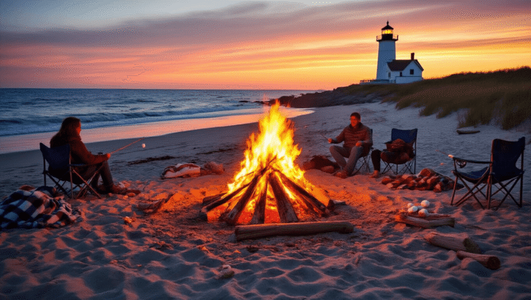 "People roasting marshmallows on a bonfire at a Cape Cod beach during golden hour, with Nauset Light lighthouse, Atlantic Ocean waves, and an orange-pink sunset in the background, surrounded by driftwood, cozy blankets, camping chairs, and s'mores supplies"
