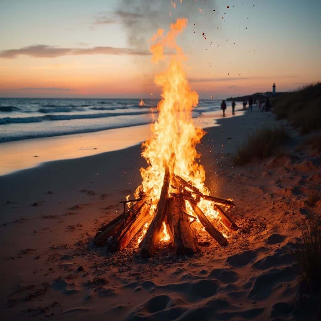 Cape Cod beach bonfire at sunset with people roasting marshmallows, ocean waves in background and silhouette of Nauset Light lighthouse on distant bluff, under a clouded sky.