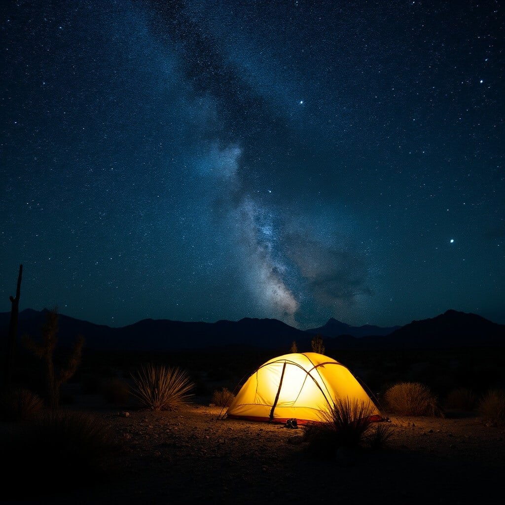Professional night photography of a single illuminated tent in the remote Chihuahuan Desert under a starry sky with visible Milky Way, silhouetted mountains, desert plants, and backpacking gear, illustrating the solitude and astronomical viewing experience of Big Bend's backcountry camping.