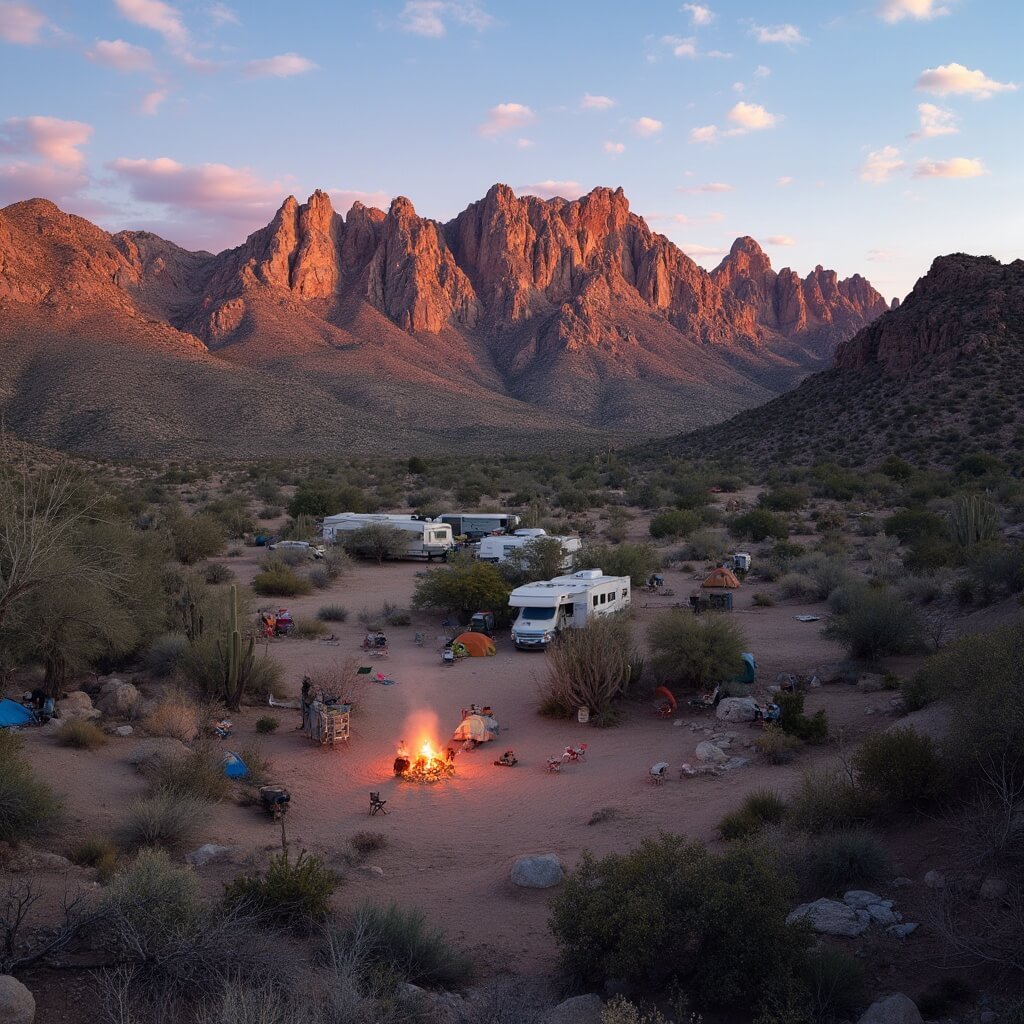 Sunset over Chisos Basin Campground with scattered tents, RVs, campfires, and local desert vegetation in Big Bend National Park