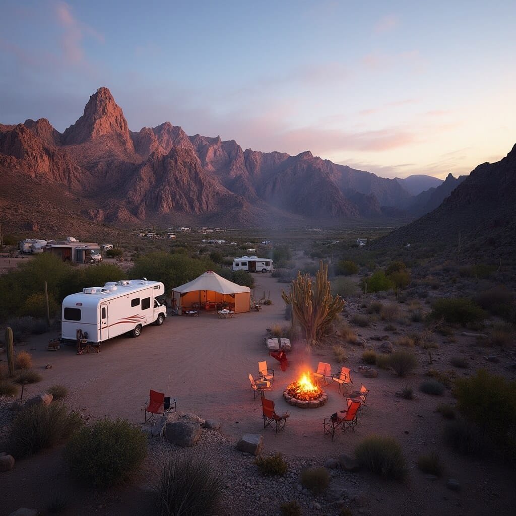 Golden hour sunset at Chisos Basin Campground in Big Bend National Park with camping tents and RVs among mountain peaks, desert vegetation, and clear evening sky
