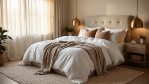 Photorealistic bedroom interior with warm golden hour lighting, featuring a queen bed dressed in rumpled white linen sheets and gray cashmere throw, textured pillows in dusty rose and cream, and an upholstered headboard, complemented by warm brass bedside lamps, a chunky knit blanket, and a plush wool area rug. Potted plants and layered lighting enhance the cozy, inviting atmosphere, captured in a professional photography style with a shallow depth of field.