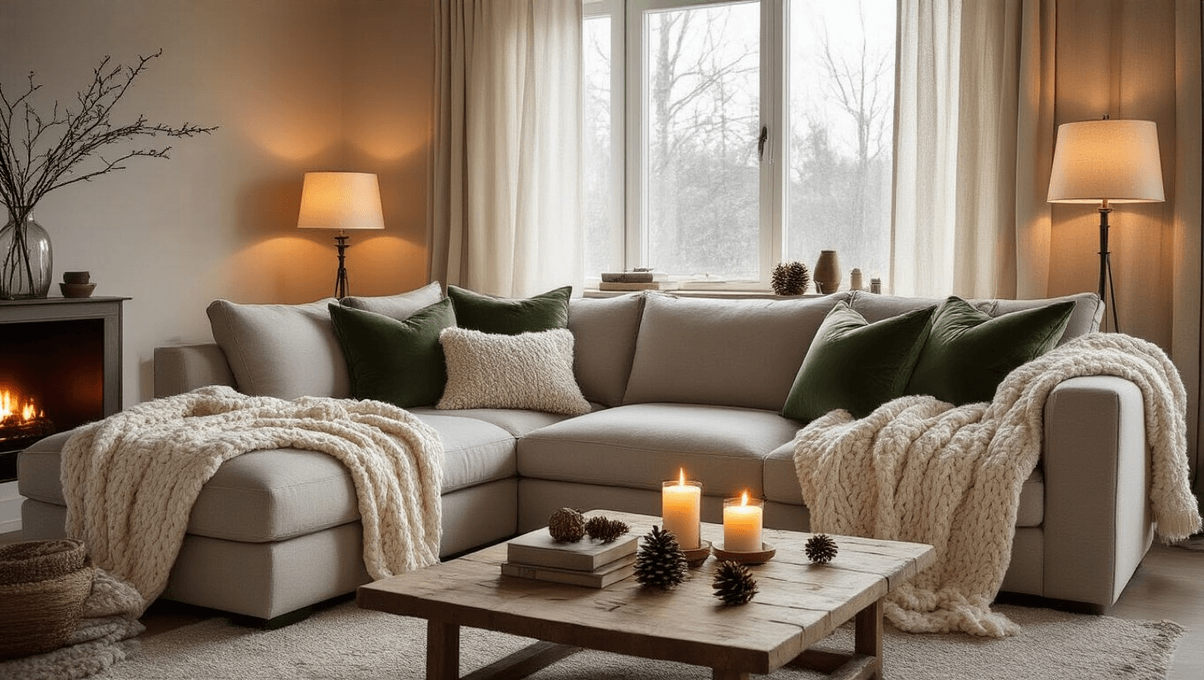 A cozy winter living room with a taupe sectional sofa adorned with chunky cream cable-knit throws and faux fur blankets, complemented by soft sage green velvet pillows, warm ambient lighting, flickering pillar candles, and decorative elements like bare birch branches and scattered pinecones, all enveloped in a warm neutrals palette with deep forest green accents.