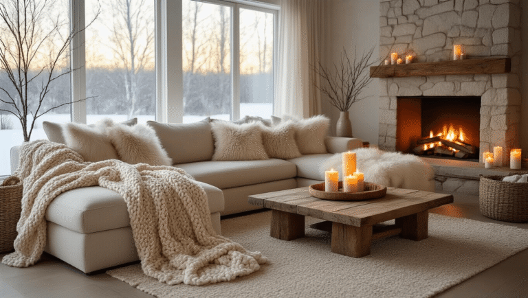 Simple Winter Decor Ideas That Actually Work (No Pinterest Perfection Required) A cozy winter living room featuring an oatmeal linen sectional sofa adorned with chunky knit cream throws and faux fur pillows, a reclaimed wood coffee table with flickering pillar candles, a stone fireplace stocked with birch logs, and warm golden hour lighting filtering through sheer curtains, all set against a neutral palette of creams and natural wood tones.