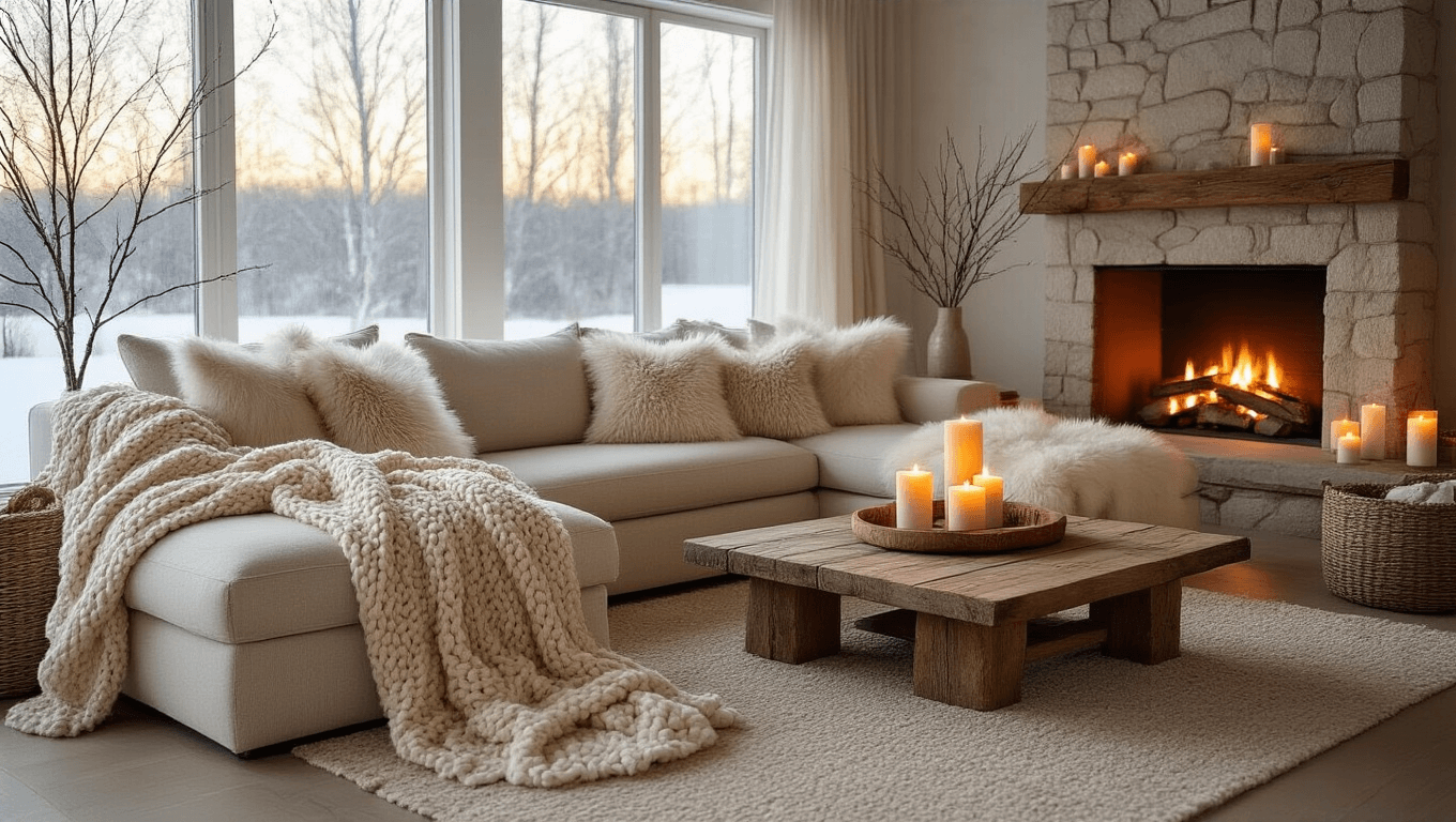 A cozy winter living room featuring an oatmeal linen sectional sofa adorned with chunky knit cream throws and faux fur pillows, a reclaimed wood coffee table with flickering pillar candles, a stone fireplace stocked with birch logs, and warm golden hour lighting filtering through sheer curtains, all set against a neutral palette of creams and natural wood tones.