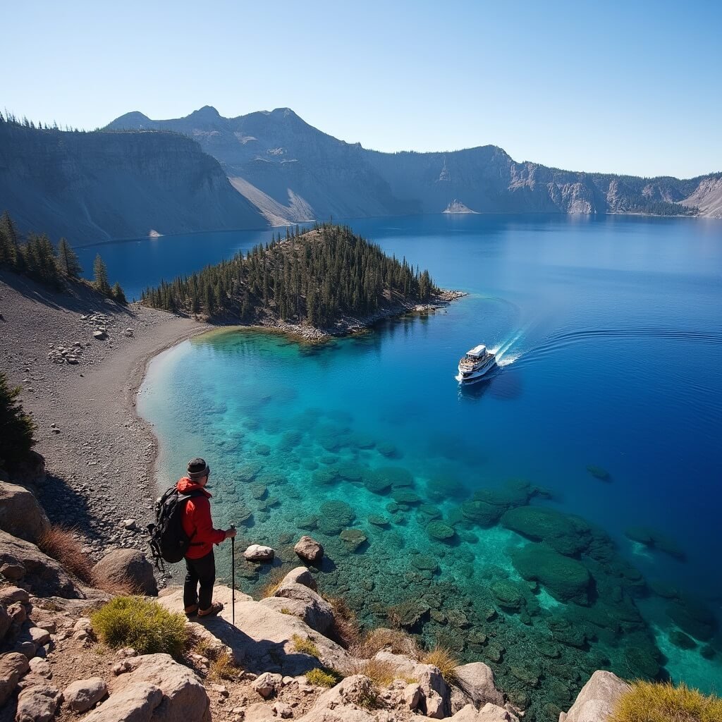 Adventure photographers and hikers in technical gear at Cleetwood Cove Trail shoreline, preparing to swim in Crater Lake's clear water, with boat tour vessel approaching, steep caldera walls, and visible submerged rock formations in the backdrop.