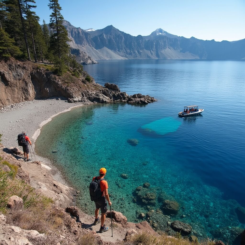 Hikers in technical gear preparing to swim in the clear, pristine water of Crater Lake at Cleetwood Cove Trail, with a tour boat approaching, steep caldera walls and underwater rocks visible, and pumice scattered along the shore, captured in a wide-angle photograph.