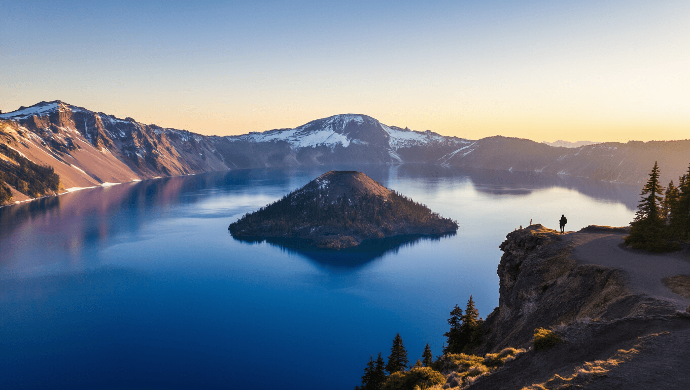 "A lone hiker silhouetted on Rim Drive, overlooking the extraordinary deep-blue waters of Crater Lake and the striking Wizard Island volcano, with snow-capped Cascade Mountain peaks in the backdrop at golden hour."
