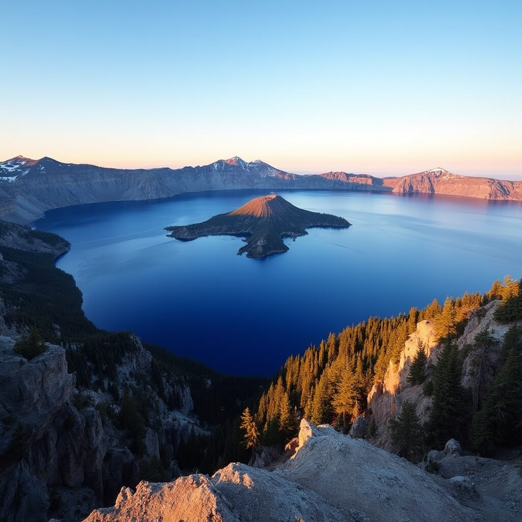 Sunrise over Crater Lake from Watchman Peak with vivid blue water, towering cliffs, Wizard Island, the historic fire lookout, and Cascade Mountain Range under clear Oregon sky