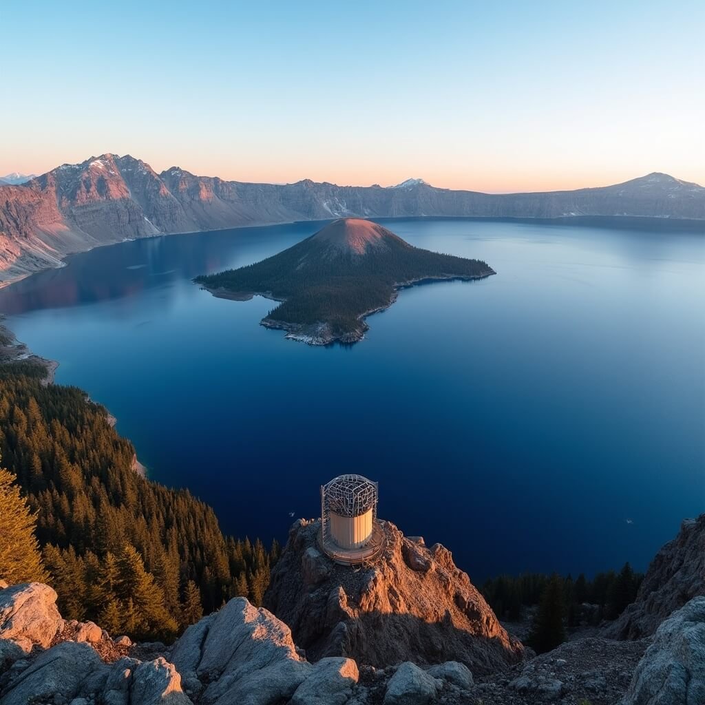Sunrise over Crater Lake from Watchman Peak highlighting deep blue water, towering cliffs, Wizard Island cinder cone, fire lookout structure, and Cascade Mountain Range under clear Oregon sky.