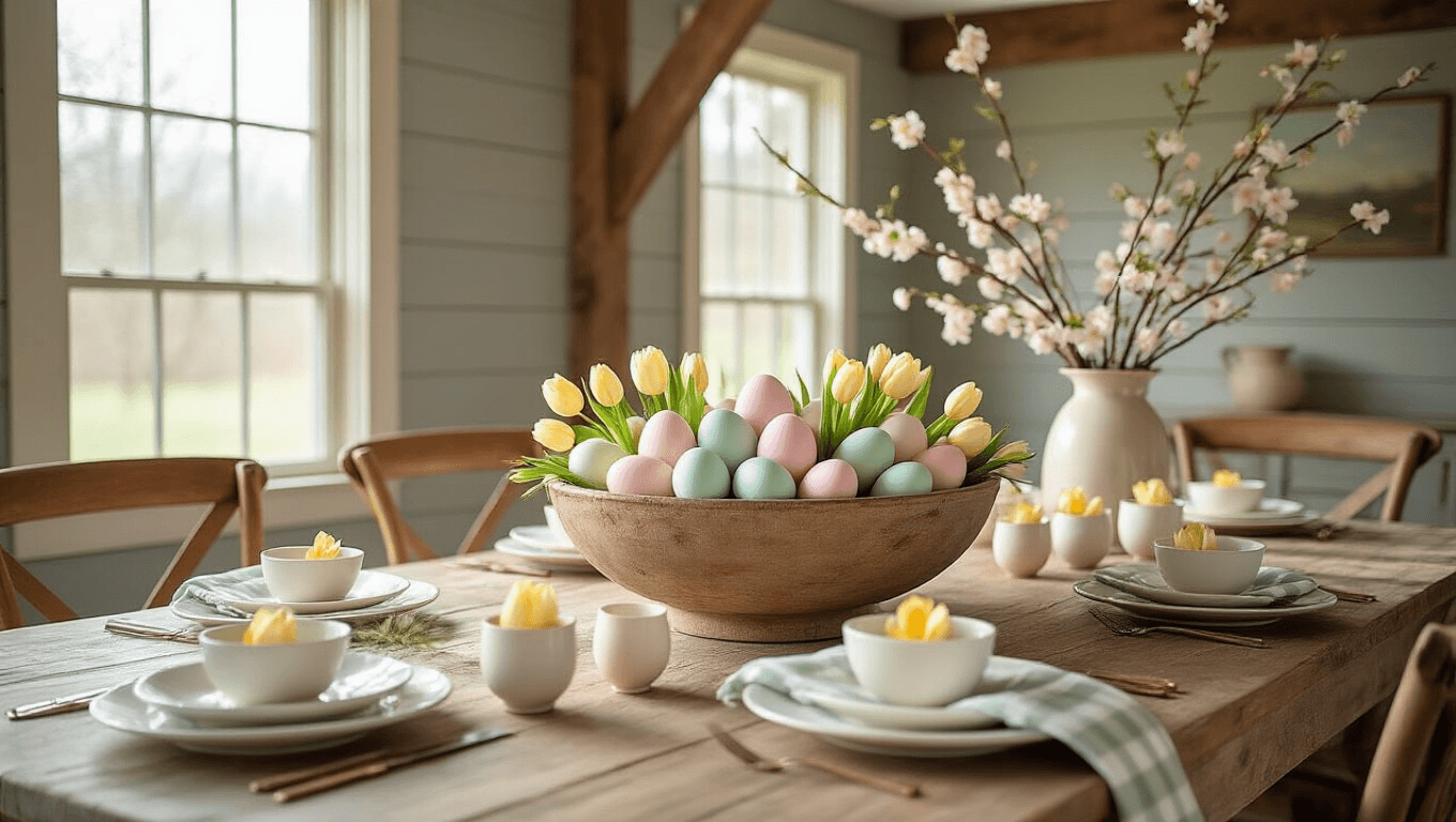 Photorealistic dining room with an elegant Easter centerpiece on a rustic 8-foot farmhouse table, featuring pastel eggs in a wooden bowl, white plates, gingham napkins, and pale yellow tulips, illuminated by golden hour light with exposed beams and dove gray walls.