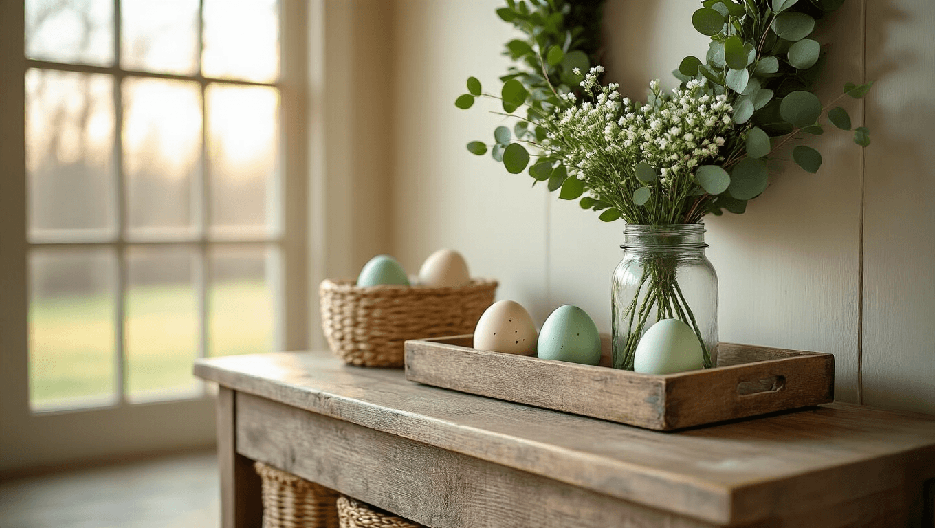 Cinematic medium shot of a rustic console table adorned with a mason jar of fresh eucalyptus and baby's breath, speckled ceramic eggs, and a boxwood wreath, all highlighted by soft golden hour lighting for a cozy farmhouse spring atmosphere.