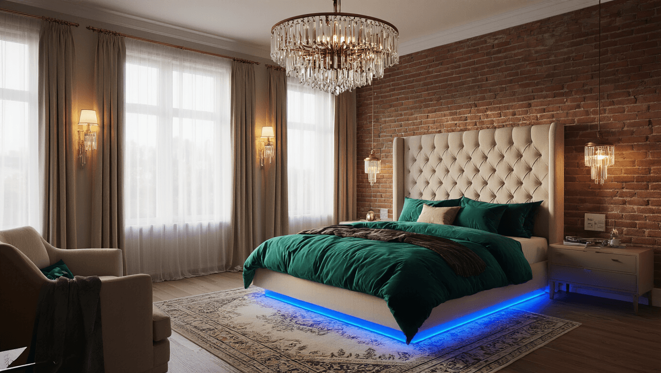 Luxurious master bedroom at golden hour with layered lighting, featuring a brass chandelier, crystal sconces, pendant bedside lights, and cyan LED strip under the platform bed; warm amber bulbs transitioning to cool blue, sheer curtains, silk bedding, exposed brick wall, and coffered ceiling, creating an elegant and cozy atmosphere.