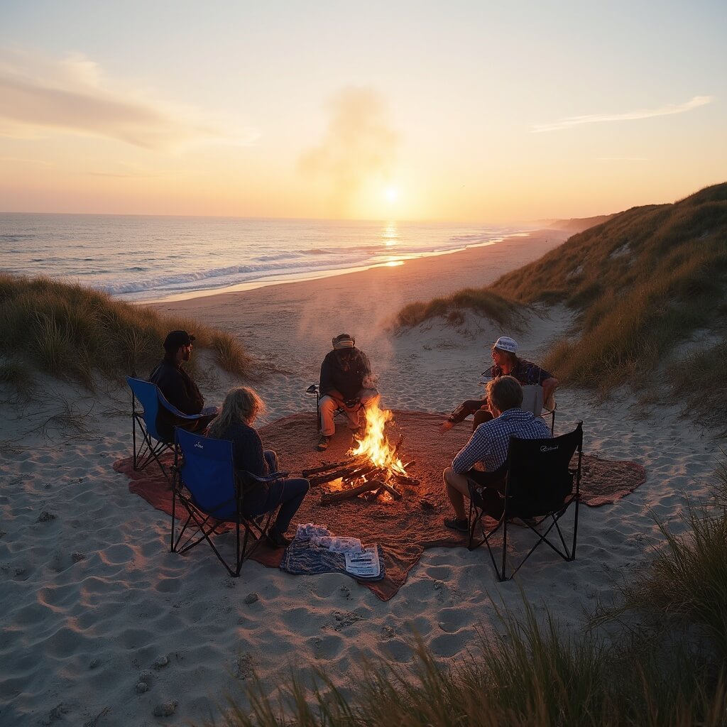 Beachgoers setting up a bonfire at Race Point Beach, Provincetown, with beach permit, driftwood and camping chairs, against the backdrop of Provincetown dunes and Atlantic Ocean, during the golden hour.