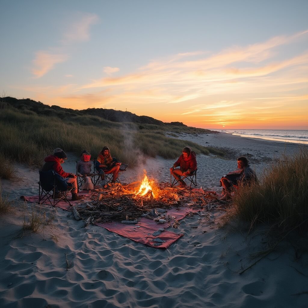 Beachgoers setting up a legal bonfire at Race Point Beach, Provincetown with a permit from Salt Pond Visitor Centre, amid the backdrop of imposing dunes, the Atlantic Ocean, and a windswept coastal landscape during golden hour.