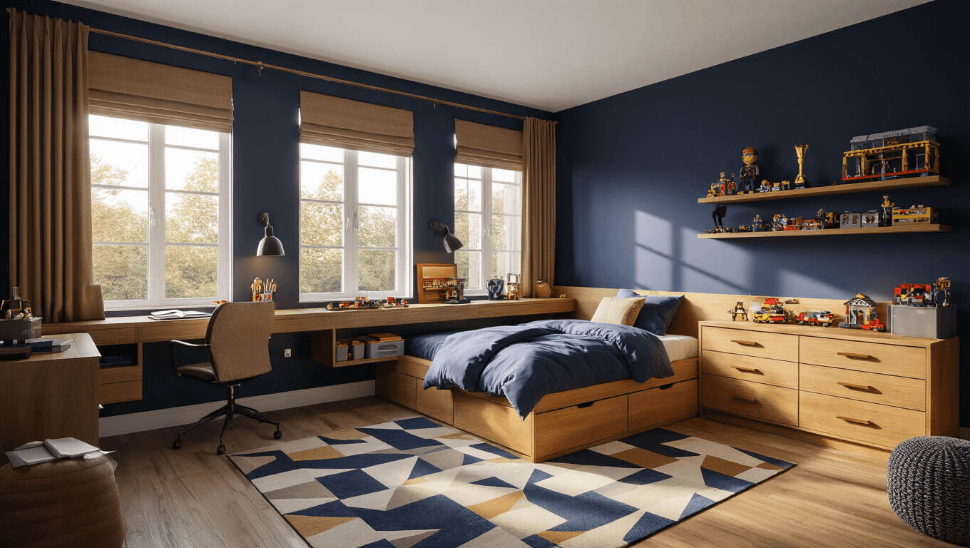 Sophisticated boy's bedroom with navy accent wall, warm wood tones, natural lighting, solid wood platform bed, floating desk, geometric area rug, and cozy ambient lighting.