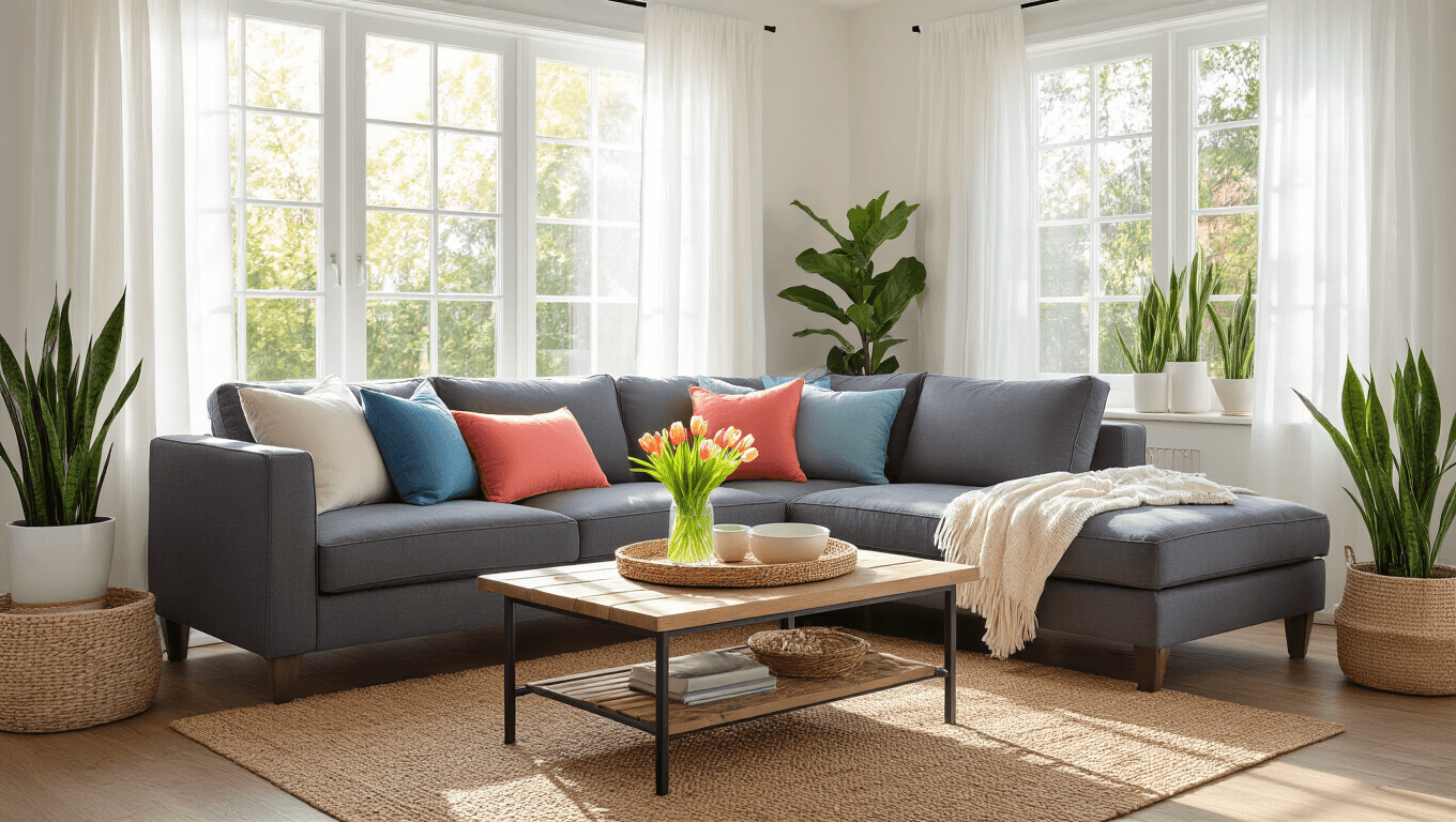 Bright spring living room with sheer white curtains, a gray sectional sofa with colorful pillows, a wooden coffee table with fresh tulips, and potted plants, all bathed in warm morning sunlight.