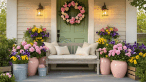 Cinematic shot of a spring porch featuring a sage green door with a pink peony wreath, blush ceramic planters with purple pansies and yellow snapdragons, a wooden bench with linen cushions, and warm Edison lights, all bathed in golden hour glow.