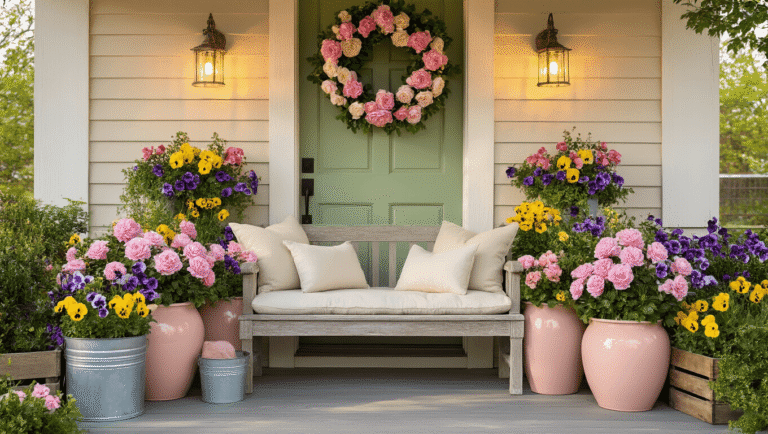 Cinematic shot of a spring porch featuring a sage green door with a pink peony wreath, blush ceramic planters with purple pansies and yellow snapdragons, a wooden bench with linen cushions, and warm Edison lights, all bathed in golden hour glow.