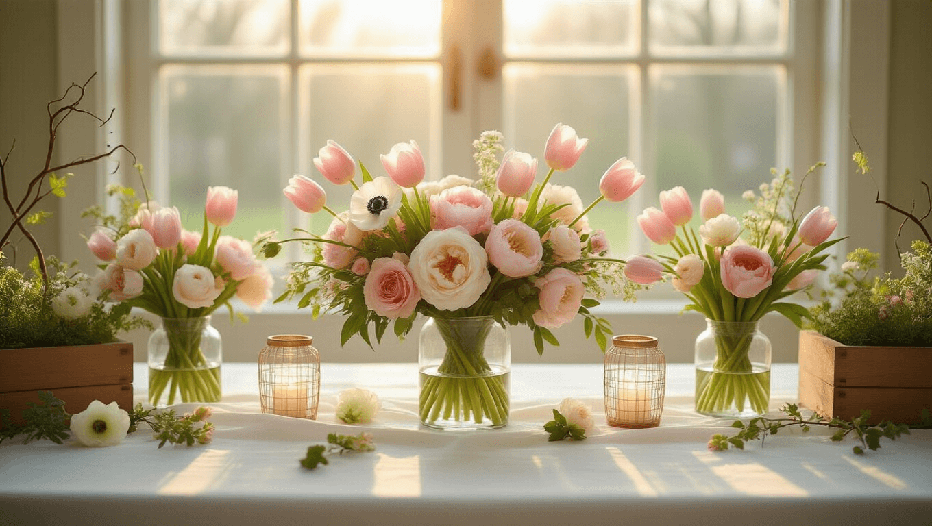 Elegant spring wedding centerpiece featuring fresh tulips, peonies, ranunculus, and anemones in pastel hues, arranged in glass vases with chicken wire, on a white linen table. Warm golden hour lighting highlights the delicate petals and garden-fresh arrangement, with wooden planter boxes and curly willow stems adding texture.