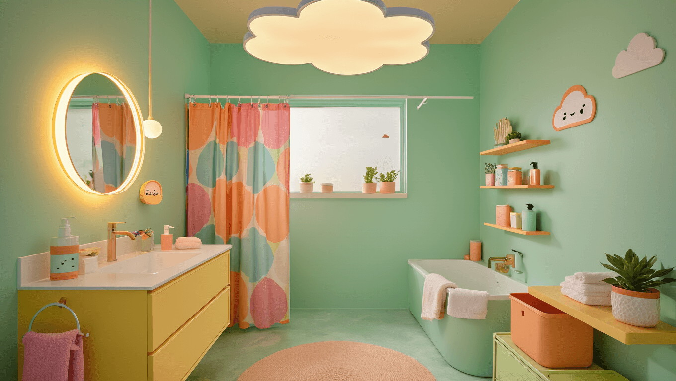 A vibrant Toca Boca-inspired bathroom featuring mint green walls, peach accents, a pastel yellow floating vanity, geometric shower curtain, cloud-shaped light fixture, character wall decals, colorful soap dispensers, LED lighting, and fluffy towels, all bathed in warm morning light.