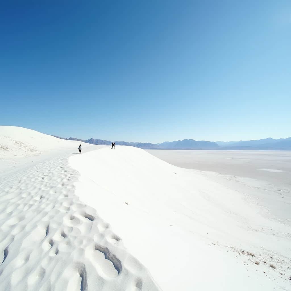 Hikers standing at the terminus of Alkali Flat Trail overlooking the expansive landscape of white gypsum dunes of ancient Lake Otero against a deep blue sky.