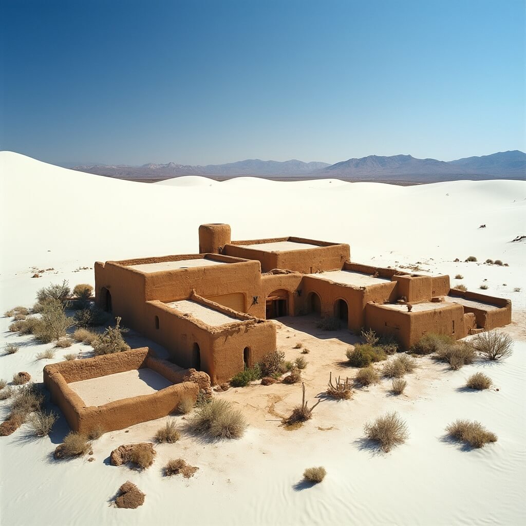 Aerial view of the Spanish Pueblo-style visitor center at White Sands National Park