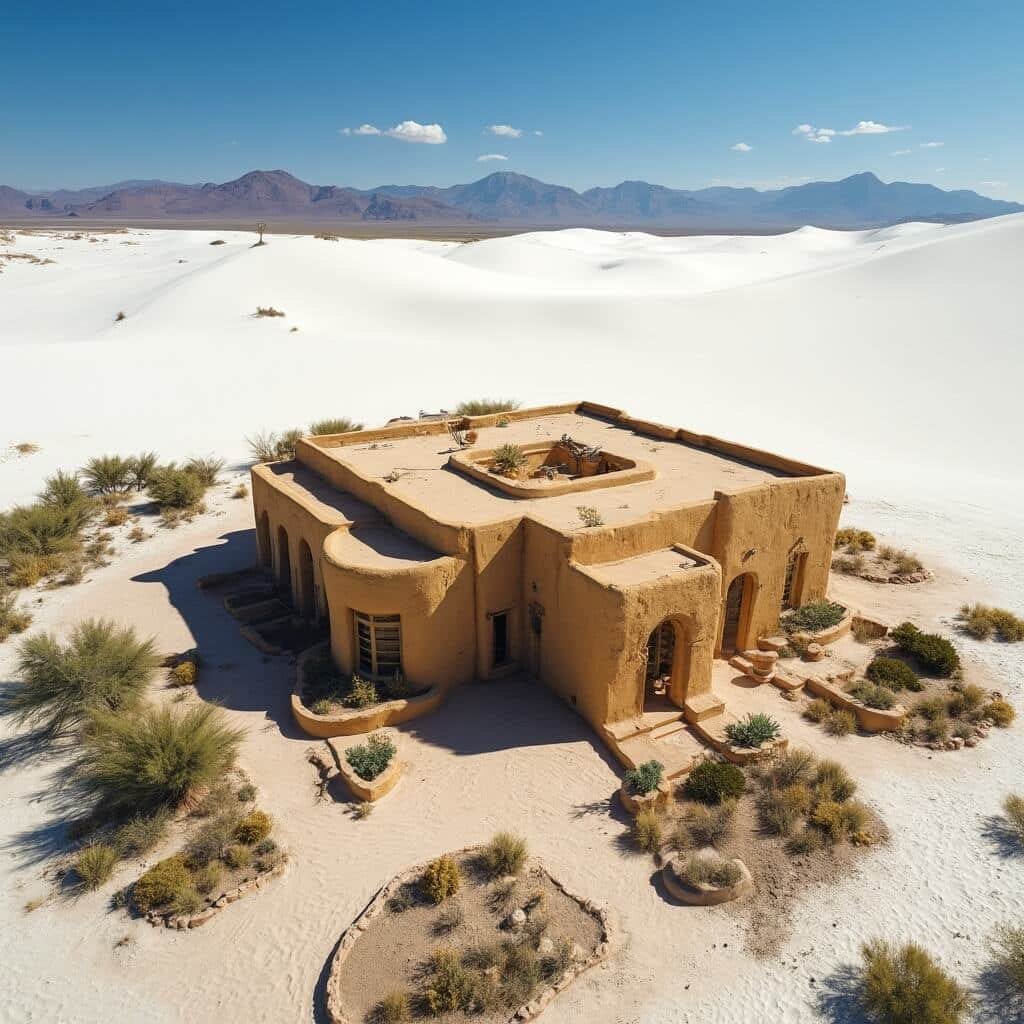 Aerial view of White Sands National Park visitor center in Spanish Pueblo-style adobe architecture against gypsum dunes, surrounded by desert plants and mountains under a blue New Mexico sky.