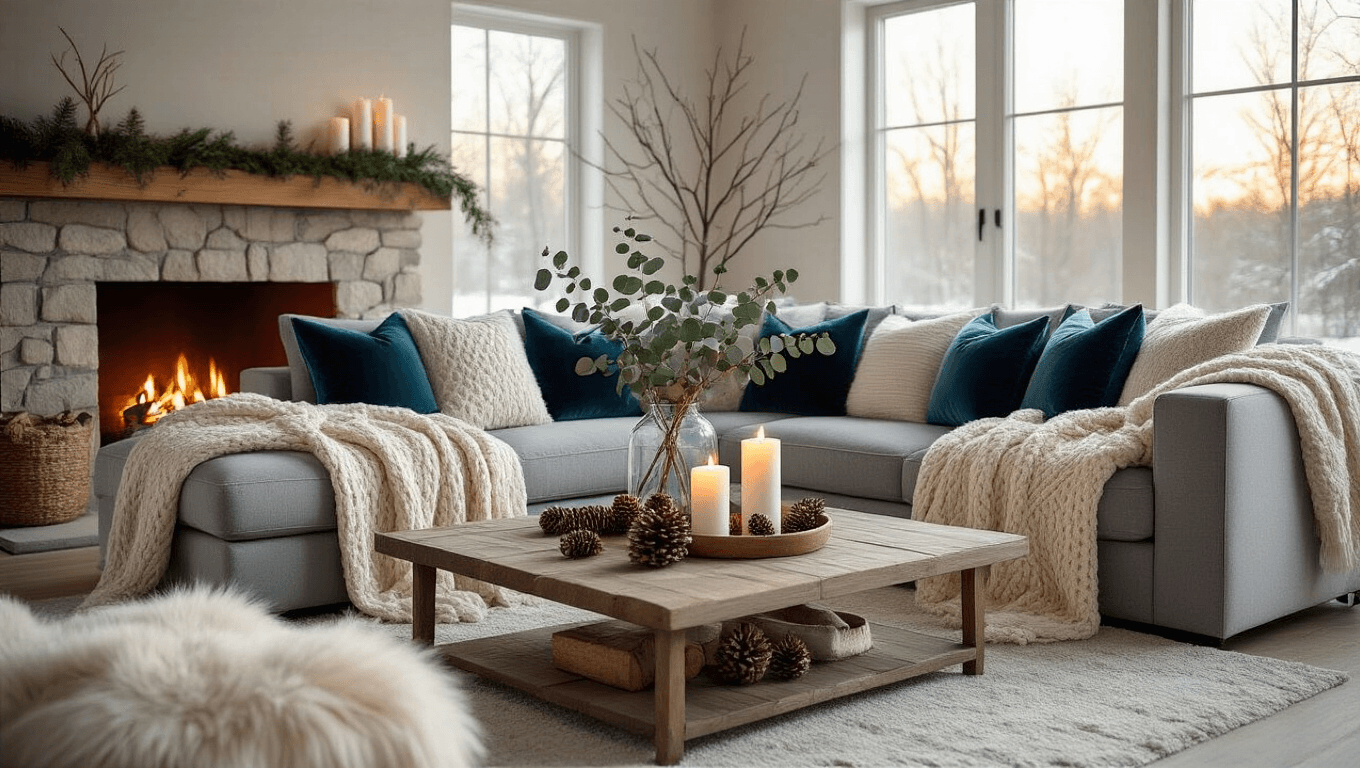Cinematic wide shot of an elegant winter living room with a gray sectional, chunky throws, rustic coffee table with eucalyptus, candles, and a stone fireplace, bathed in warm golden hour light.