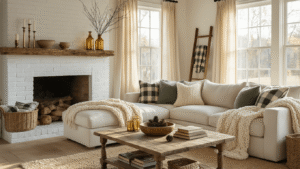 Cozy farmhouse living room bathed in golden hour light, featuring a cream sectional sofa with chunky knit throws, a reclaimed wood coffee table with weathered books and pinecones, and a white brick fireplace adorned with birch branches.