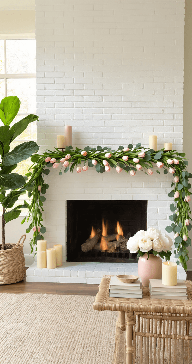 A spacious modern living room featuring a white-painted brick fireplace adorned with a tulip garland and eucalyptus, tall windows allowing warm golden hour light, a fiddle-leaf fig in a basket, stacked cream-colored books, a pink vase with white peonies, candles, speckled eggs, and a spring wreath, all in a warm cream and blush color palette.