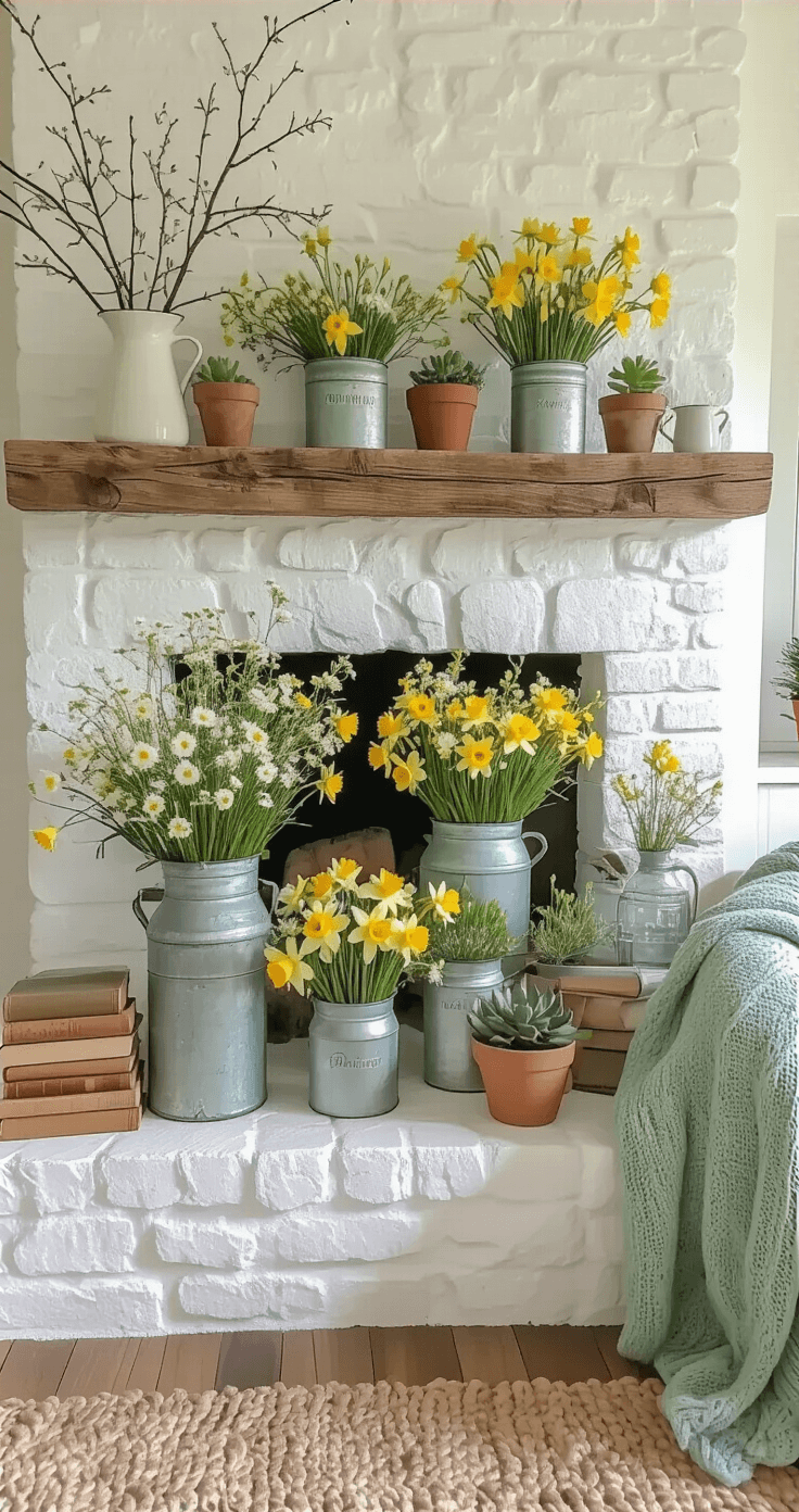 A cozy farmhouse-style living room with a rustic stone fireplace, vintage wildflower arrangements, and soft morning light illuminating textured surfaces and warm decor.